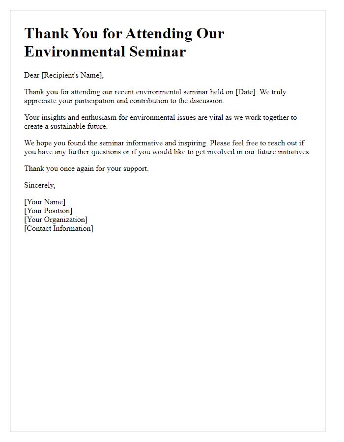 Letter template of thank you for attending an environmental seminar.