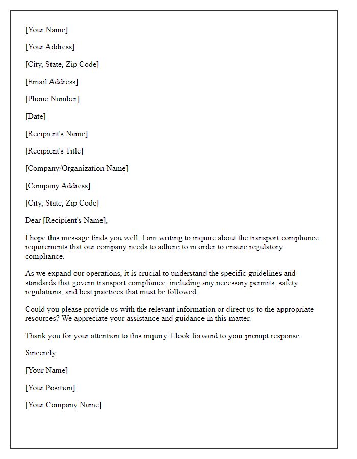 Letter template of inquiry on transport compliance requirements