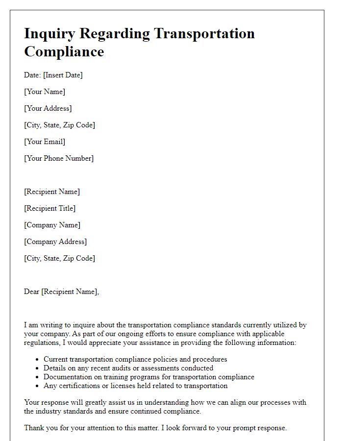 Letter template of inquiry regarding transportation compliance