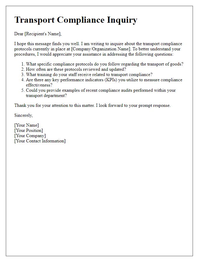 Letter template of questions about transport compliance protocols