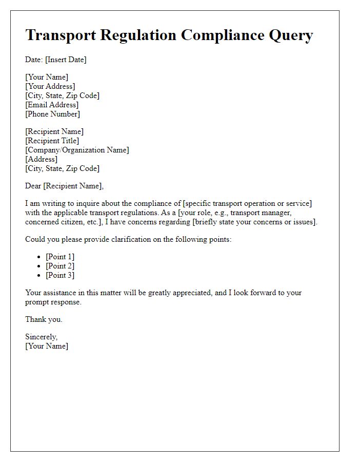 Letter template of transport regulation compliance query