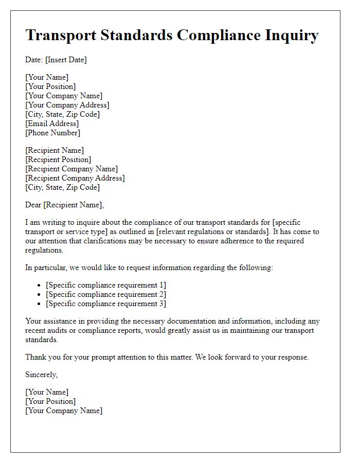 Letter template of transport standards compliance inquiry