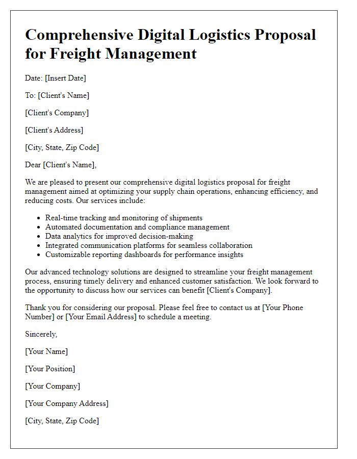 Letter template of comprehensive digital logistics proposal for freight management.