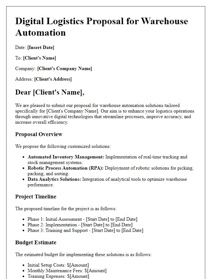 Letter template of customizable digital logistics proposal for warehouse automation.