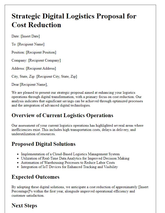 Letter template of strategic digital logistics proposal for cost reduction.