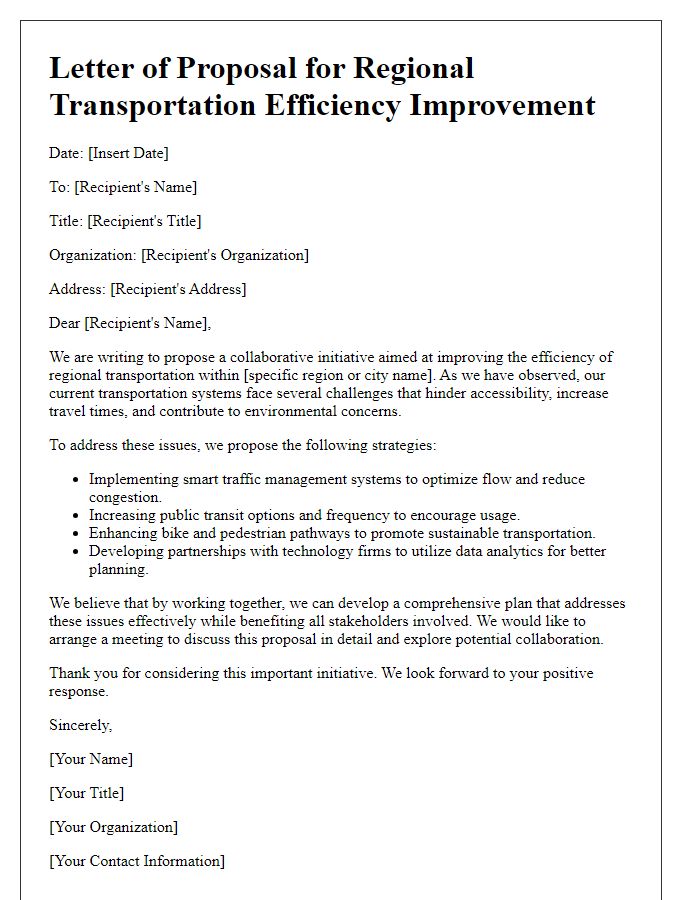 Letter template of regional transportation efficiency improvement