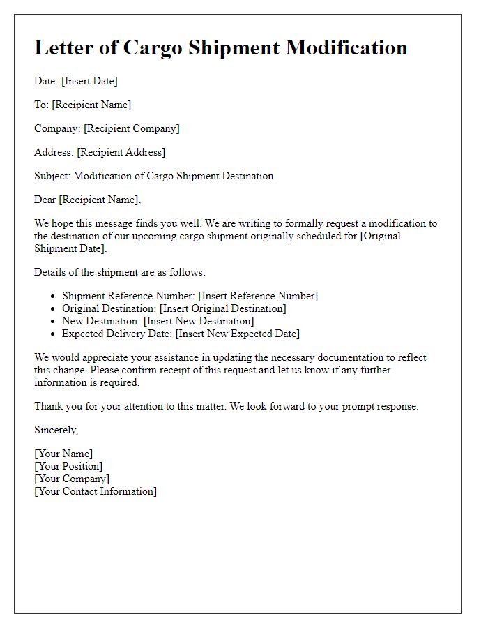 Letter template of cargo shipment modification for changes in destination.