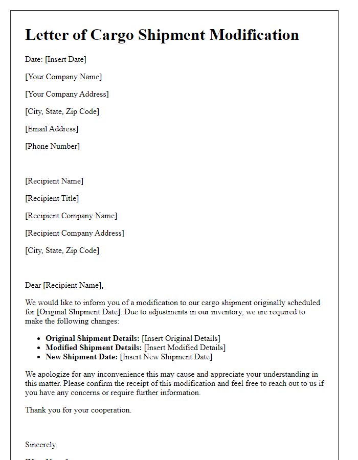 Letter template of cargo shipment modification due to inventory adjustments.