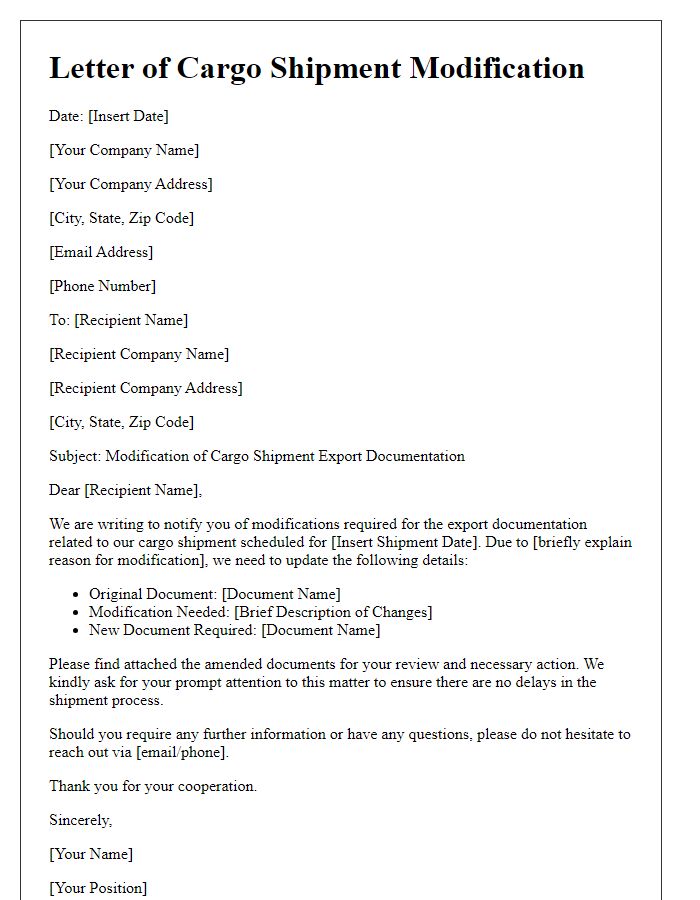 Letter template of cargo shipment modification for export documentation changes.