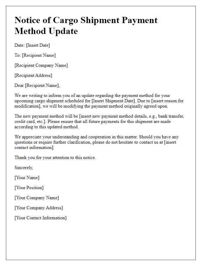 Letter template of cargo shipment modification regarding payment method updates.