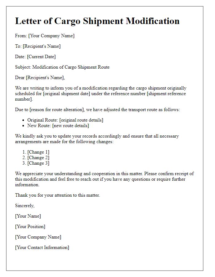 Letter template of cargo shipment modification for route alteration instructions.