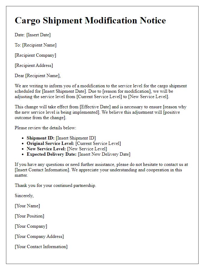 Letter template of cargo shipment modification for service level changes.