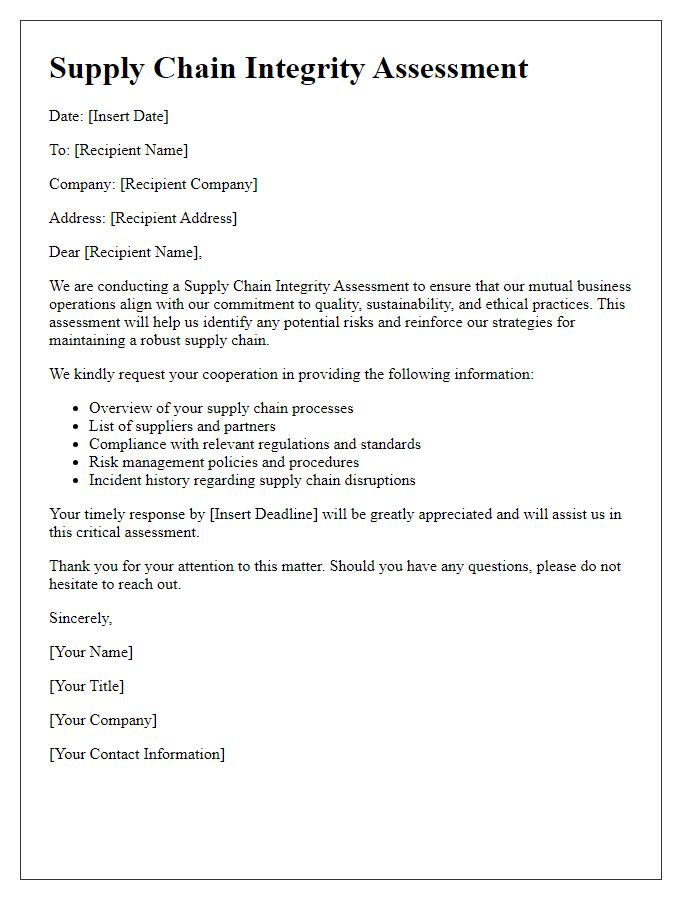 Letter template of supply chain integrity assessment