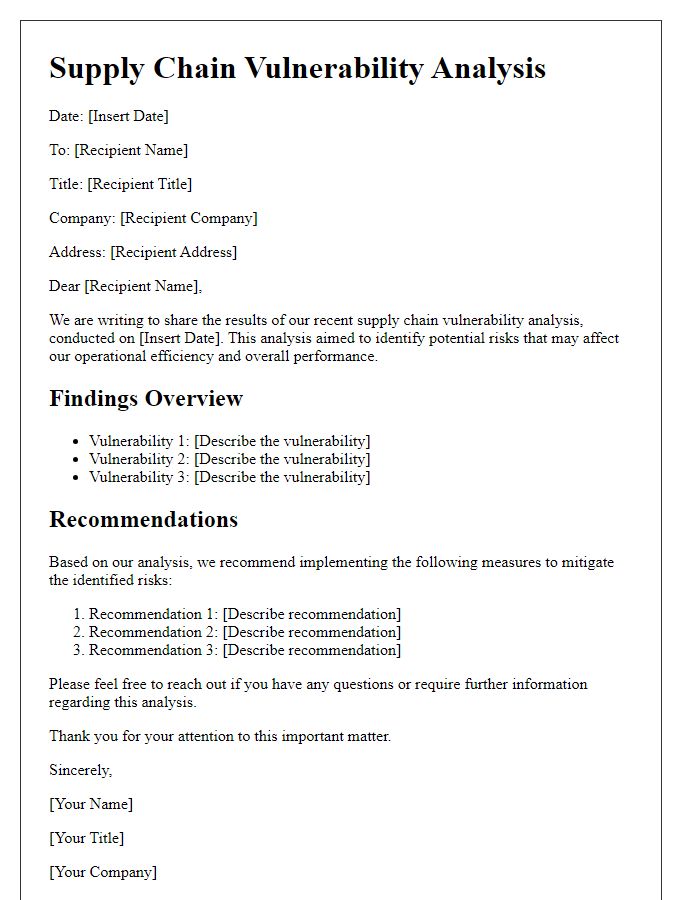 Letter template of supply chain vulnerability analysis