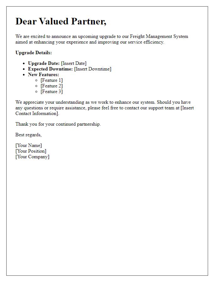 Letter template of freight management system upgrade