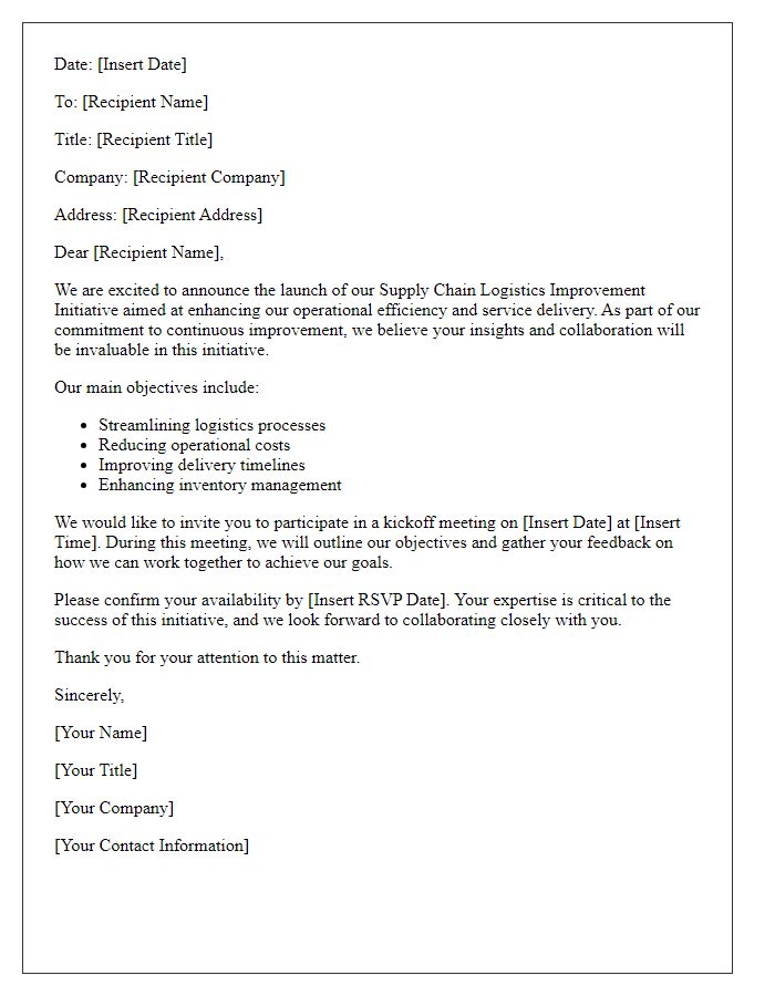 Letter template of supply chain logistics improvement initiative