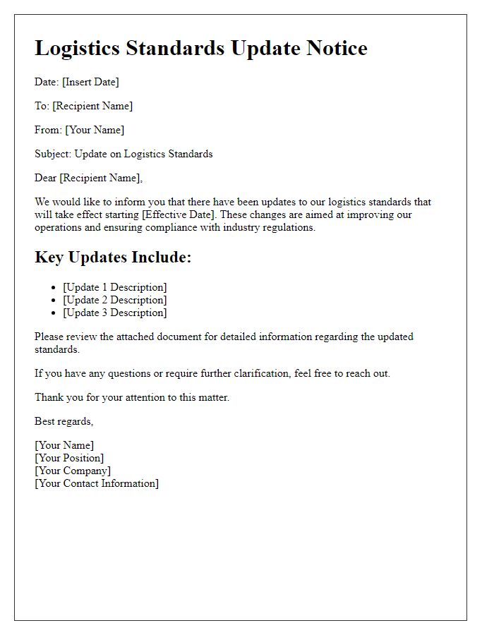 Letter template of logistics standards update notice