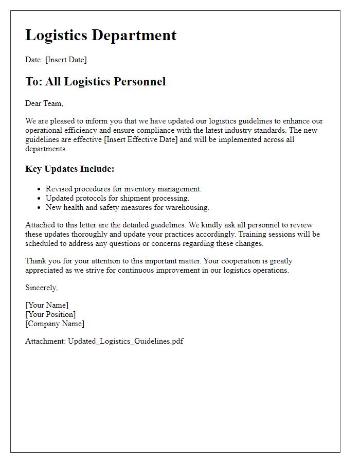 Letter template of updated logistics guidelines distribution