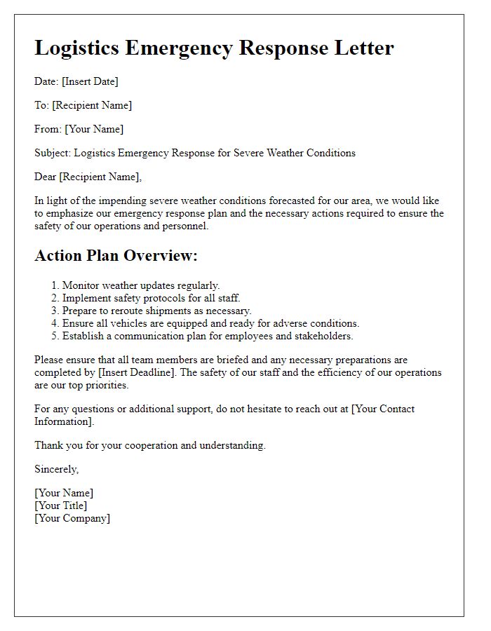 Letter template of logistics emergency response for severe weather conditions