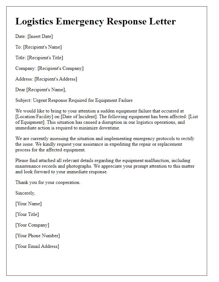 Letter template of logistics emergency response for sudden equipment failure