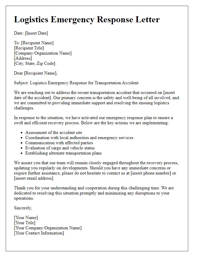 Letter template of logistics emergency response for transportation accidents