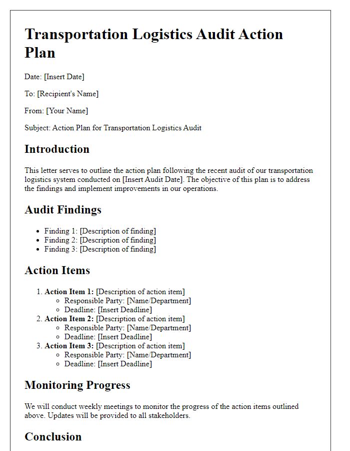 Letter template of transportation logistics audit action plan