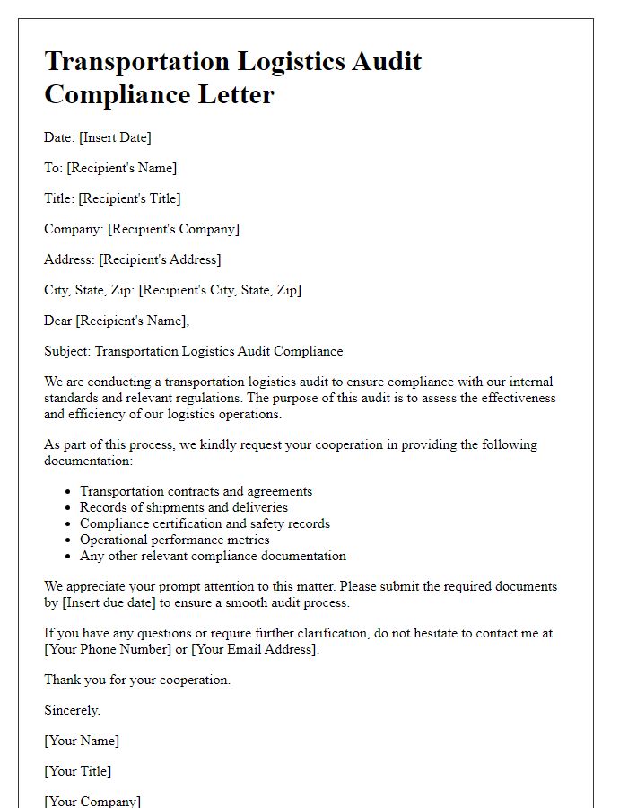 Letter template of transportation logistics audit compliance