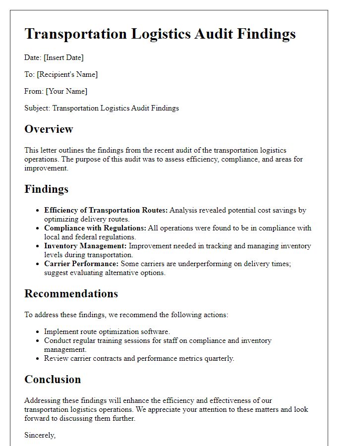 Letter template of transportation logistics audit findings