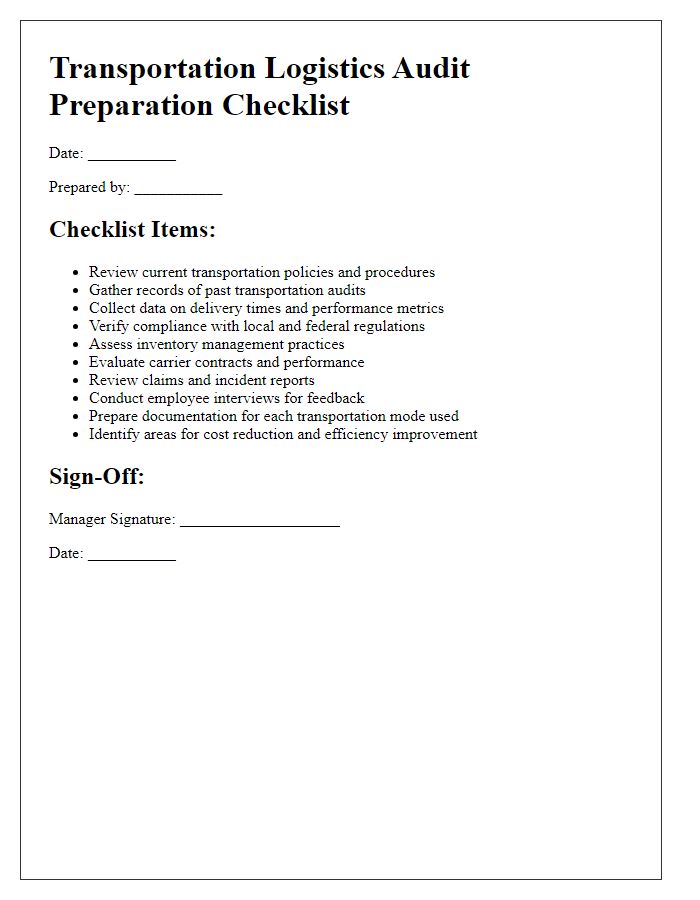 Letter template of transportation logistics audit preparation checklist