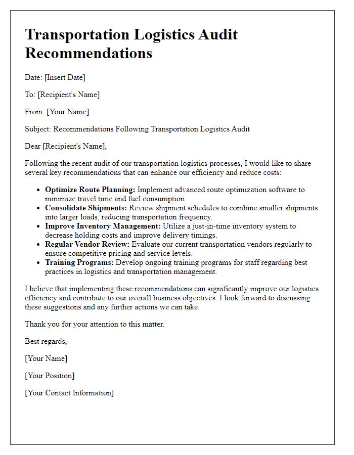 Letter template of transportation logistics audit recommendations