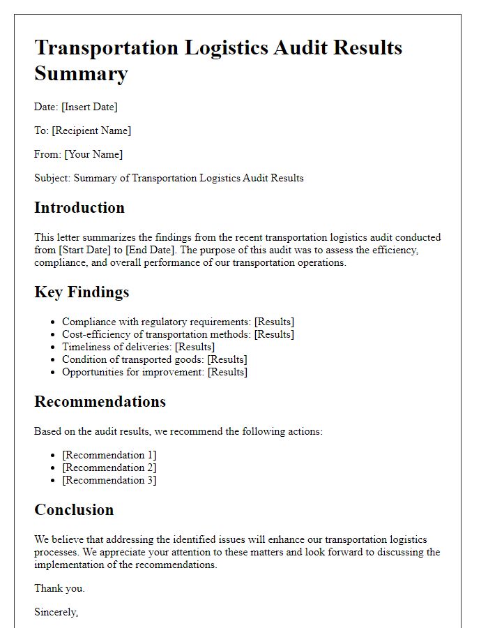 Letter template of transportation logistics audit results summary