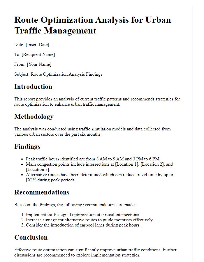 Letter template of route optimization analysis for urban traffic management.