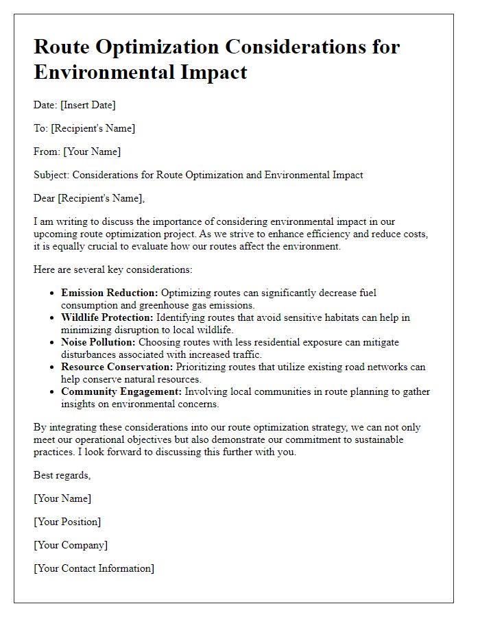 Letter template of route optimization considerations for environmental impact.