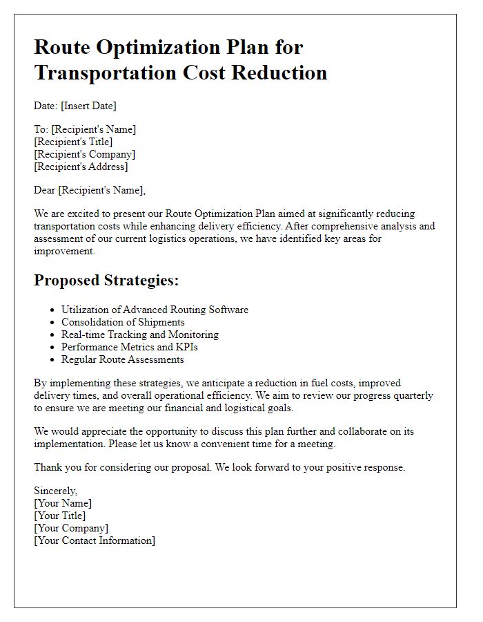 Letter template of route optimization plan for transportation cost reduction.