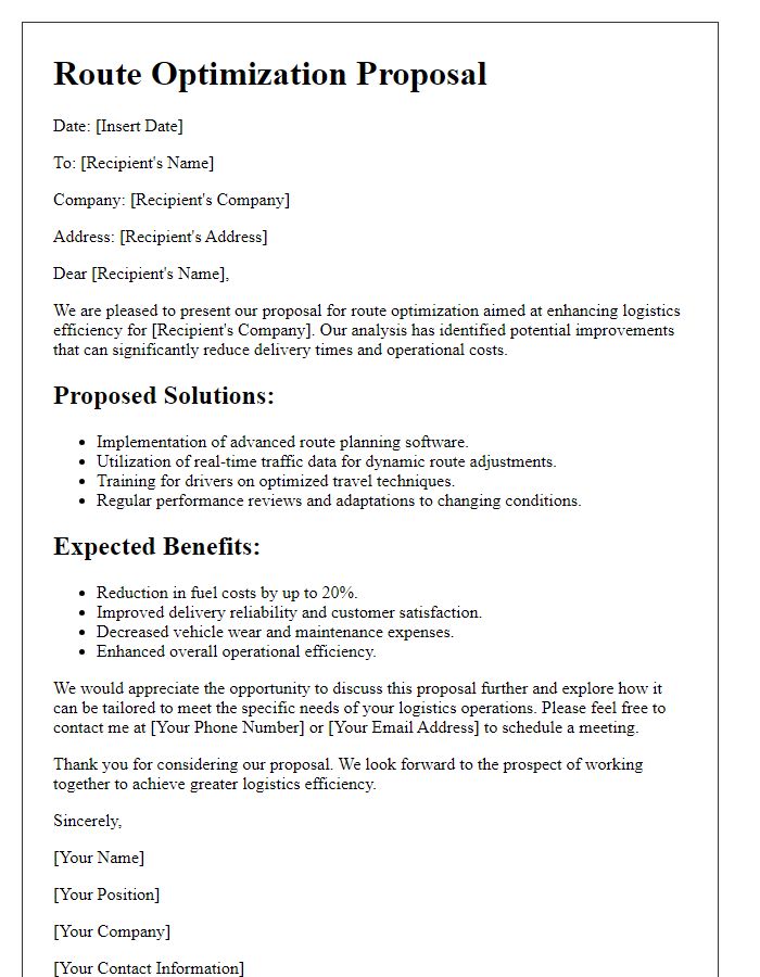 Letter template of route optimization proposal for logistics efficiency.