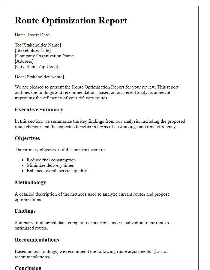 Letter template of route optimization report for stakeholder review.