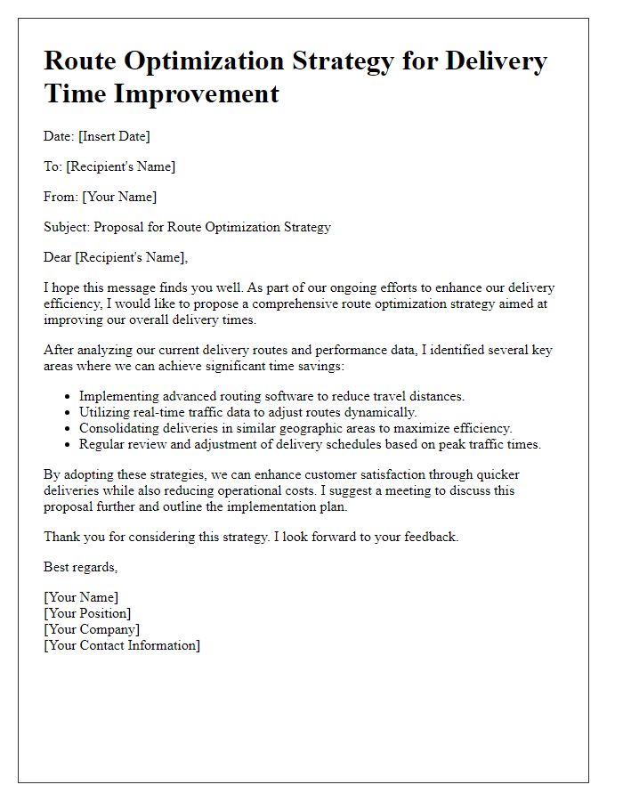 Letter template of route optimization strategy for delivery time improvement.