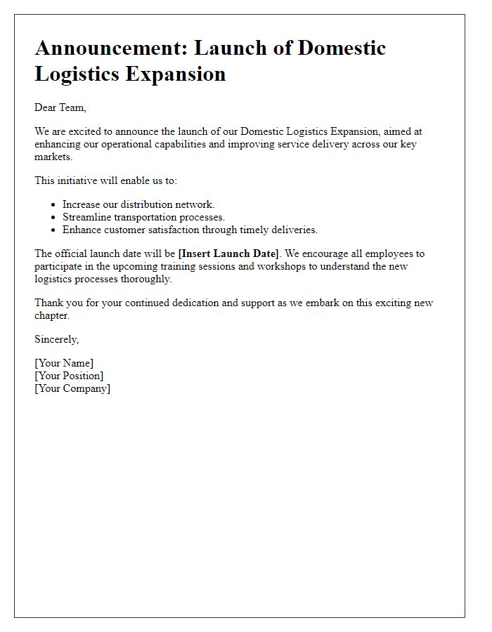 Letter template of Announcement for Domestic Logistics Expansion Launch