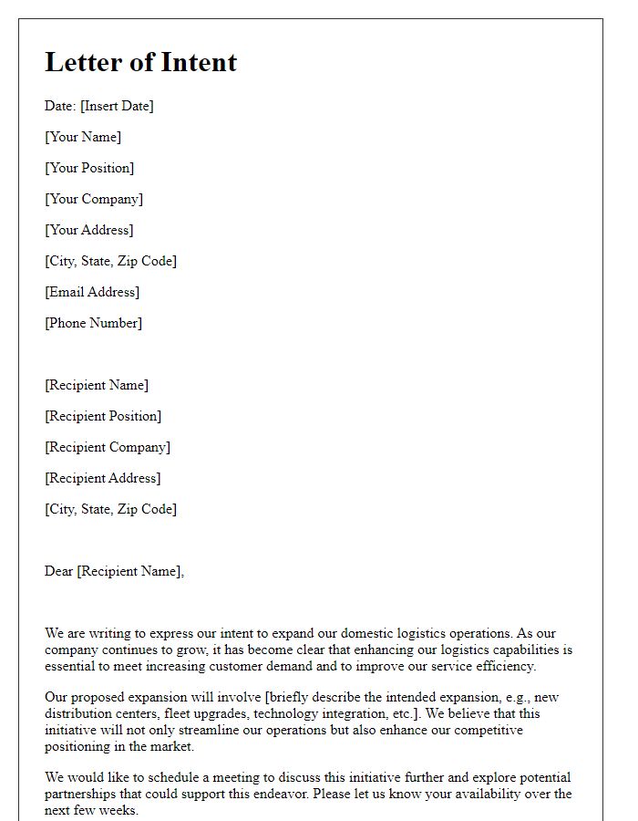 Letter template of Intent for Domestic Logistics Expansion