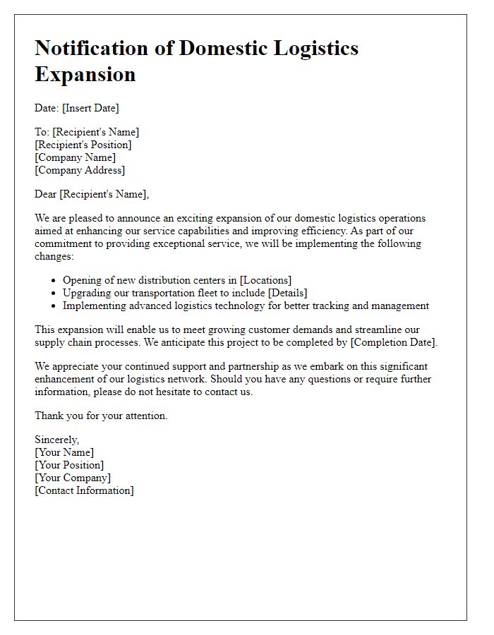 Letter template of Notification regarding Domestic Logistics Expansion