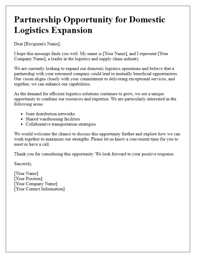 Letter template of Partnership Opportunity for Domestic Logistics Expansion