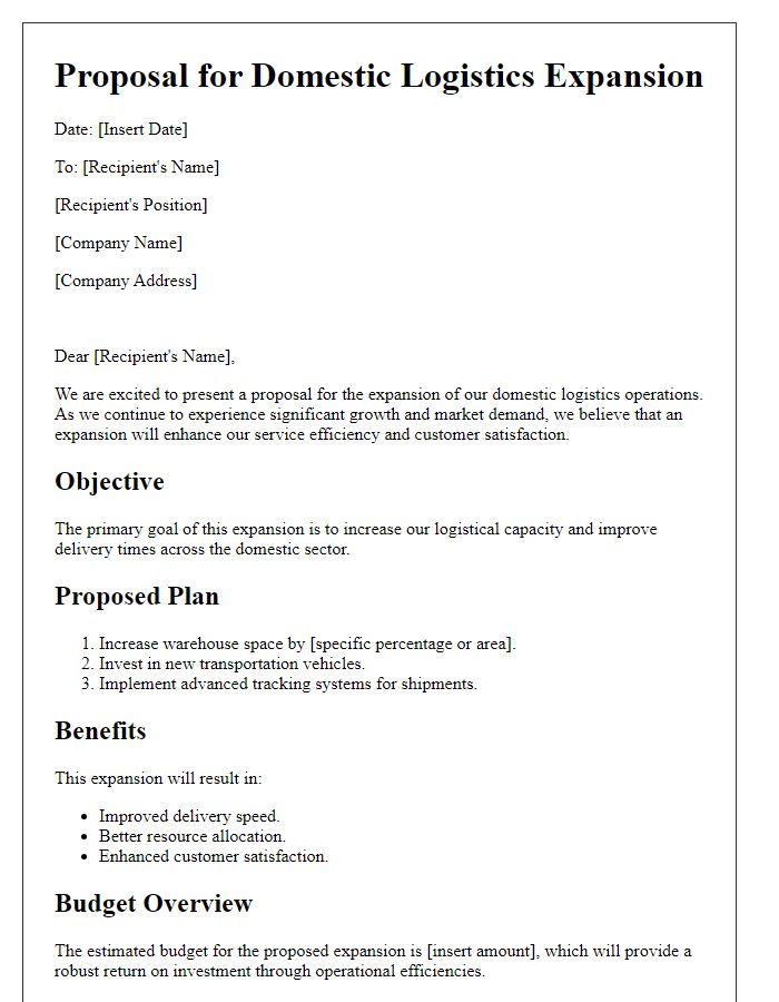 Letter template of Proposal for Domestic Logistics Expansion