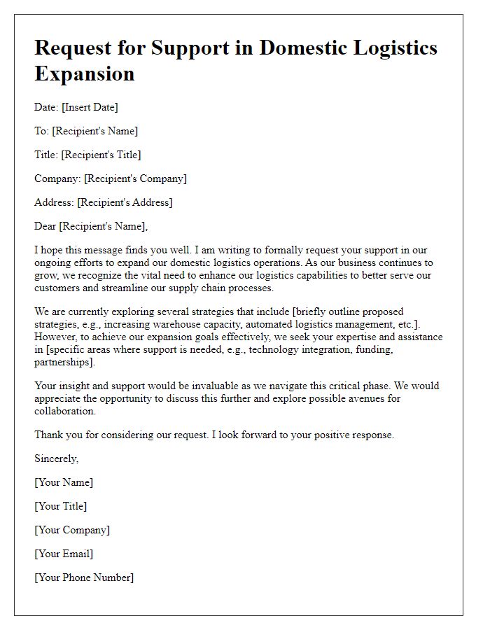 Letter template of Request for Support in Domestic Logistics Expansion