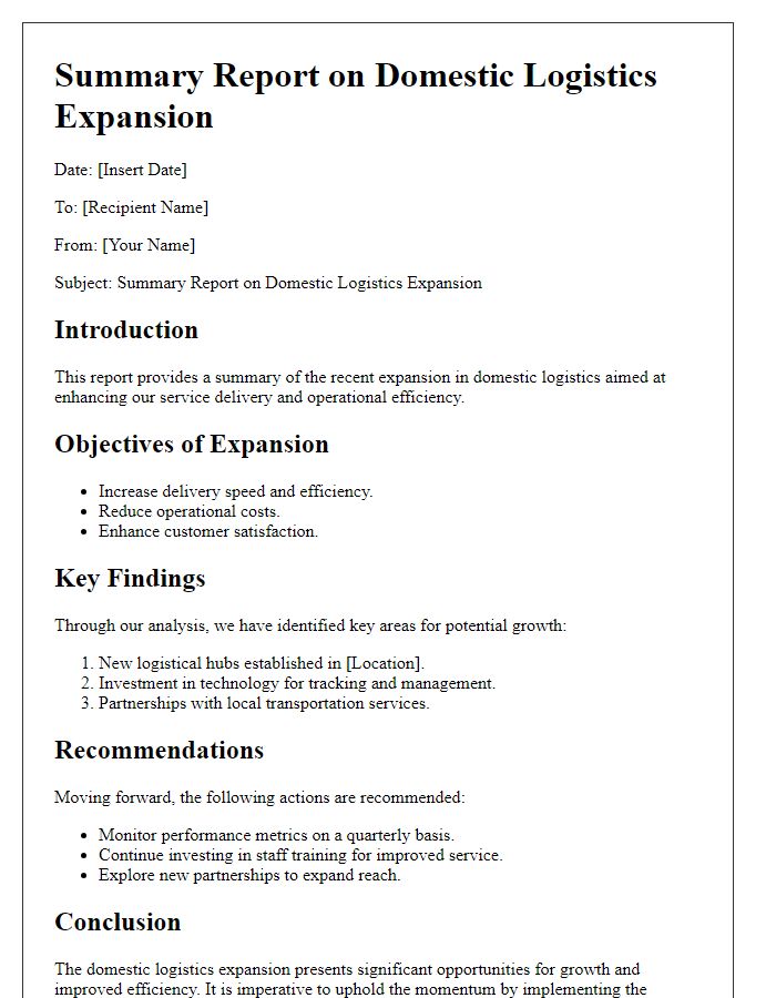 Letter template of Summary Report on Domestic Logistics Expansion