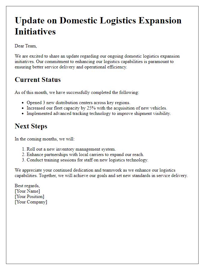 Letter template of Update on Domestic Logistics Expansion Initiatives