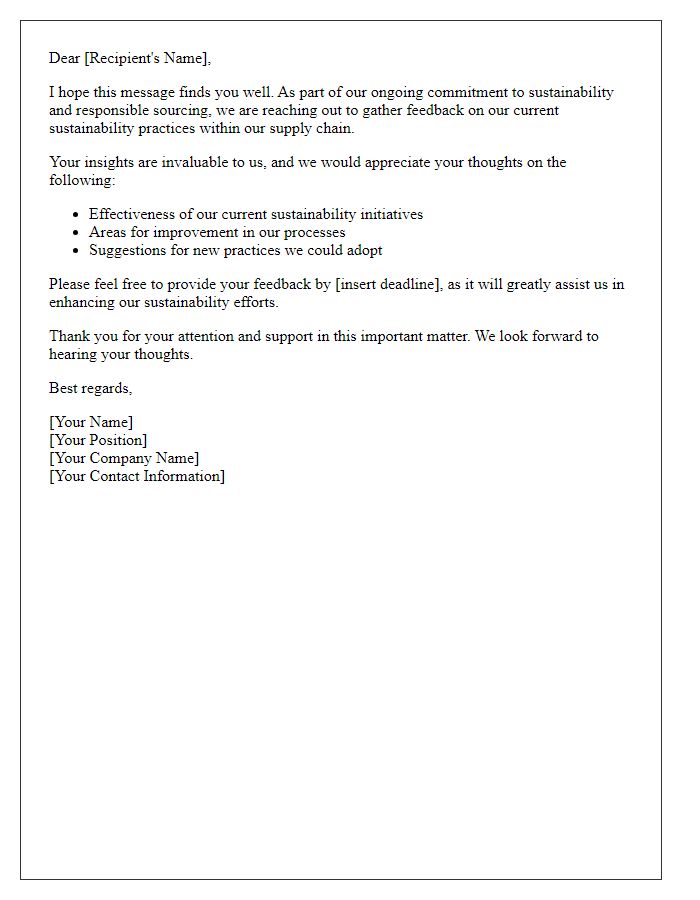 Letter template of feedback request on sustainability practices within the supply chain.