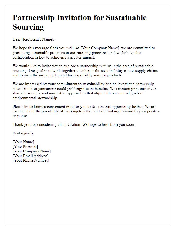 Letter template of partnership invitation for sustainable sourcing.