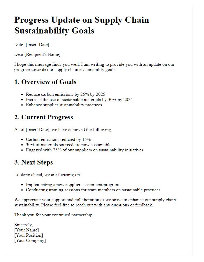 Letter template of progress update on supply chain sustainability goals.