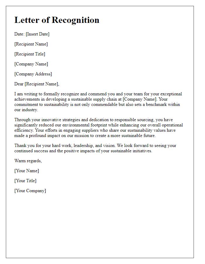 Letter template of recognition for sustainable supply chain achievements.