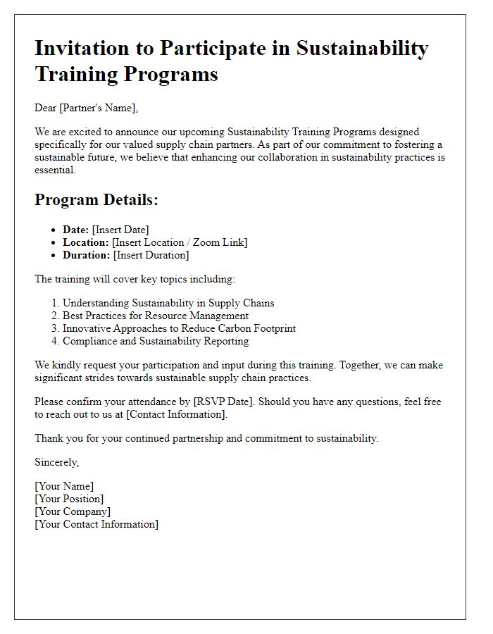 Letter template of sustainability training programs for supply chain partners.